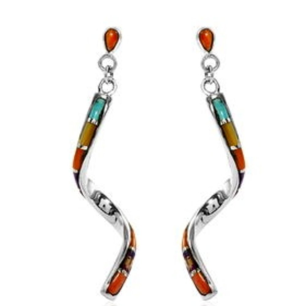 SANTA FE Style Kingman Turquoise and Multi Gemstone Swirl Earrings in SS NWT